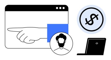 Tarayıcı, kullanıcı avatarı, dizüstü bilgisayar ve dolar işaretlerindeki el hareketleri çevrimiçi işlemleri, dijital iletişimi ve e-ticareti tasvir eder. Ticari faaliyet için ideal, dijital pazarlama, finans kullanıcısı