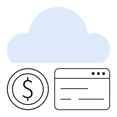 Mavi bulut, dolar işareti olan bozuk para ve internet arayüzü bulut depolamayı, finansal teknolojiyi ve online aletleri sembolize ediyor. Finans, teknoloji, iş stratejisi veri yenilik temaları için idealdir. Düz basit