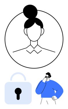 Çember içinde kullanıcı avatarı, asma kilit sembolü ve tefekkür eden kişi. Gizlilik, siber güvenlik, kimlik koruması, güvenli erişim, online güvenlik veri yönetimi modern uygulamaları için idealdir. Düz basit