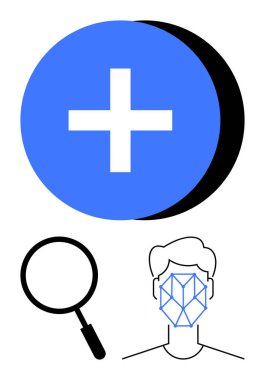 Yüz hatlarında mavi tıbbi haç, büyüteç ve geometrik yüz tanıma sistemi teknolojiyi, sağlık hizmetlerini, mahremiyeti ve kimlikleri vurguluyor. Biyometrik, güvenlik ve araştırma için ideal