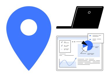 Mavi lokasyon iğnesi, siyah dizüstü bilgisayar ve analitik veri grafikleri ve grafikleri olan ekran. Navigasyon, konum hizmetleri, analitik, teknoloji, iş planlaması, dijital araçlar için ideal
