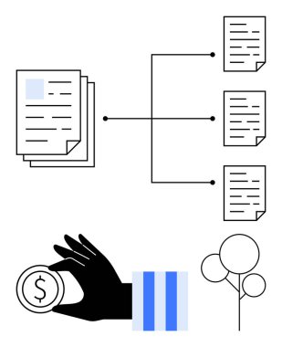 Alt belgelerle bağlantılı birikmiş kağıtlar, bozuk para tutan bir el ve büyümeyi onaylayan bir ağaç sembolü. Dosya yönetimi, iş akışı, mali planlama, iş büyümesi, kaynak tahsisi için ideal