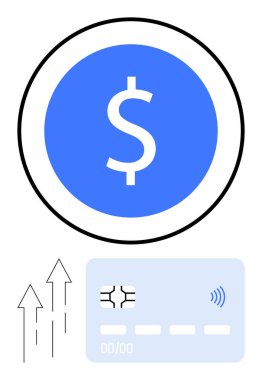 Mavi çemberdeki dolar işaretleri, yukarı bakan oklar ve kredi kartı mali büyüme, elektronik işlemler ve temassız ödemeyi gösteriyor. Banka, e-ticaret, fintech, tasarruf için ideal