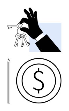 Para ve kalemle birlikte bir takım anahtarları kavramak mülkiyet erişimini, mali kararları, kaynak planlamasını ve hedef belirlemeyi sembolize ediyor. Gayrimenkul, yatırım ve güvenlik için ideal