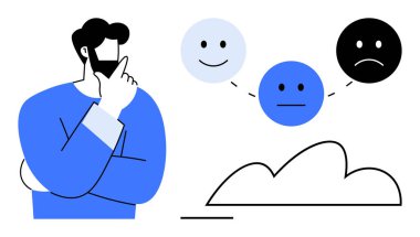 Mutluluğu, ilgisizliği ve mutsuzluğu çizgilerle birbirine bağlayan üç duygusal yüzü gözlemleyen kişi. Karar verme, ruh hali izleme, psikoloji ve akıl sağlığı için ideal.