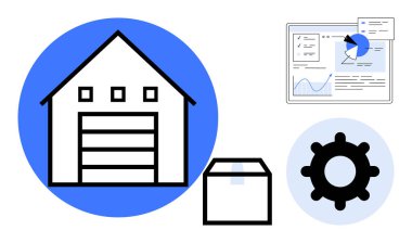 Ev şeklindeki depo, kutu temsili, analitik gösterge paneli ve alet ve işlemler için vites kutusu simgesi. Envanter, lojistik, işlemler, e-ticaret, veri analizi ve dijital için ideal