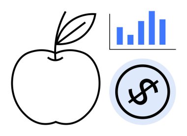 Yeşil yapraklı siyah çizgili elma, mavi çizgili grafik ve maviyle çevrili dolar işareti. Beslenme, sağlık, finans, yatırım, büyüme refahı ve planlama kavramları için idealdir. Düz basit metafor
