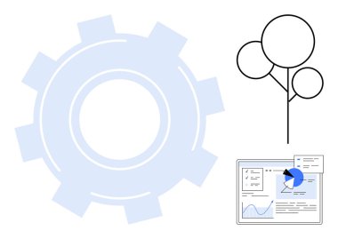 Teknolojiyi sembolize eden büyük yarı şeffaf dişli, büyümek için basit ağaç çizgisi, ve çizelgeli veri paneli. Yenilik, strateji, gelişme, analiz, organizasyon, girişimler için ideal