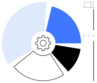 Mavi, siyah ve beyaz tonlarda bölümlendirilmiş dairesel grafiğin çekirdeğindeki dişliler veri işlemeyi öneriyor. Veri analizi, ilerleme, üretkenlik, mühendislik, otomasyon, verimlilik için ideal basit