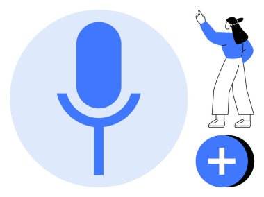 Mavi mikrofon, dairesel artı ikon, yukarı bakan bir şekil. Ses tanıma, teknolojik gelişmeler, iletişim sistemleri, yapay zeka, kullanıcı etkileşimi, yenilik, düz metafor için ideal