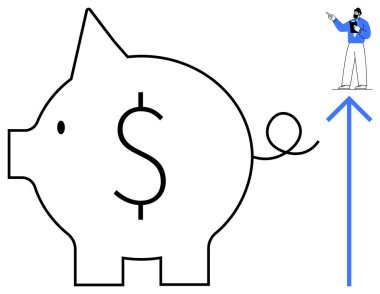 Dolar işareti olan büyük bir kumbara, yükselen mavi ok finansal büyümeyi sembolize ediyor, mavili adam. Tasarruf, yatırım, kâr, ekonomi, finans hedefi belirlemek için ideal. Düz basit metafor