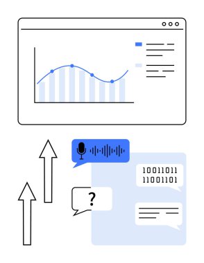 Veri tablosu, konuşma tanıma simgesi, ikili kod mesajları ve soru baloncuğu ile grafik arayüzü. Analiz, yapay zeka iletişimi, sohbet robotu, kodlama, araştırma makinesi öğrenmek için idealdir.