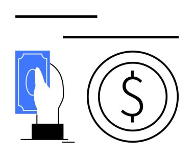 Bir madeni paranın yanında para tutarken para değişimi, ödeme, bütçe, tasarruf, finans, gelir, iş ve bankacılık vurgulanır. Finansal hizmetler işlemleri veya planlama kavramları için ideal