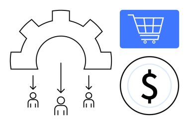 İnsanlara görev dağıtımı, e-ticareti sembolize eden alışveriş arabası ve gelir için dolar işareti. Otomasyon, e-ticaret, takım yönetimi, iş akışı, iş verimliliği, satış dairesi için ideal