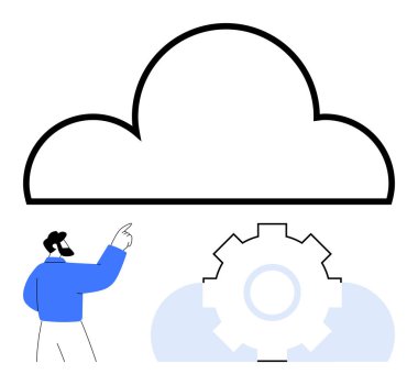 Vites çarkının üstündeki bir buluta doğru hareket eden kişi, bulut bilgisayarı, otomasyon, yenilik, teknoloji, geliştirme, takım çalışması ve veri yönetimini sembolize ediyor. Modern teknoloji ve düz teknoloji için ideal.