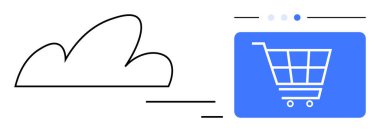 Dijital mavi alışveriş arabasına bağlanan bir bulutun taslağı. E-ticaret, bulut hesaplama, dijital dönüşüm, çevrimiçi alışveriş, veri transferi, otomasyon, düz basit metafor için ideal