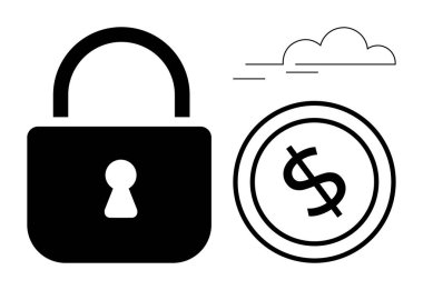 Finansal güvenlik ve korunmayı vurgulayan bir doların yanında büyük bir kilit. Bankacılık, fintech, tasarruf, güvenlik, yatırım, mahremiyet, koruma için ideal. Basit düz metafor