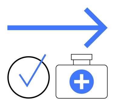 Mavi ok öne bakıyor, siyah çizgili işaret ve tıbbi haçlı bir kutu. Sağlık, ilerleme, karar verme, yön, onay, başarı hedefi düz bir metafor belirlemek için ideal