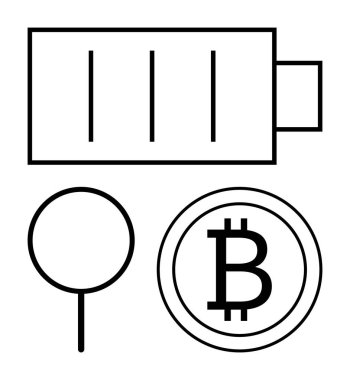 Batarya şarjı, büyüteç, ve Bitcoin işareti enerji, odaklanma ve şifreli temalar. Teknoloji, finans, sürdürülebilirlik, araştırma yeniliği kripto para birimi verimliliği için ideal
