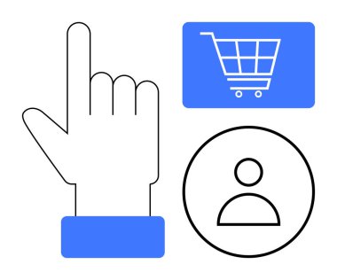 Alışveriş arabasının yakınındaki el işaretleri ve profil kullanıcı simgeleri e-ticareti, dijital arayüzü ve kullanıcı etkileşimini sembolize ediyor. Teknoloji, alışveriş, uygulamalar, navigasyon, kişiselleştirme için ideal