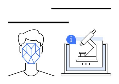 Bilgisayar ekranında bilgi simgesiyle mikroskop yanında tanımlama ızgarası olan insan yüzü. Yapay zeka, biyometri, araştırma, teknoloji, dijital analiz, yenilik, eğitim, düz basit metafor