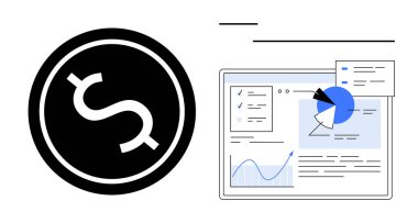 Dolar işareti ve finansal konsol grafikleri, grafikleri ve analizleri sunar. Finans, yatırım, iş analizi, bütçe hesaplaması, veri görselleştirmesi, basit bir iniş sayfası için ideal