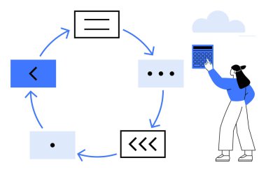 Okları birbirine bağlayan dairesel akış şeması, kadın hesap makinesi, arka planda bulut. Takım çalışması, analiz, iş akışı, eğitim, teknoloji problem çözme verimliliği için ideal. Düz