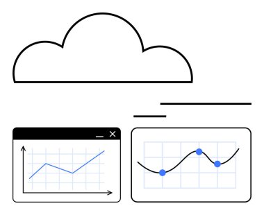 İki grafiğin üzerinde bulut çizgisi, biri doğrusal, diğeri de veri noktaları olan, minimalist pencere panellerinde gösteriliyor. Veri analizi, bulut hesaplaması, büyük veri, teknoloji ve iş stratejisi için ideal