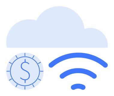 Dolar parası ve kablosuz sinyali olan bulut çevrimiçi finans, bağlantı ve bulut teknolojisini simgeliyor. Fintech, çevrimiçi ödeme, teknoloji, uzaktan çalışma, internet ekonomisi, bulut için ideal