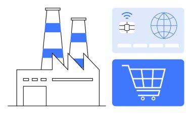 Bacalı fabrika, küresel bağlantı için ağ kartı ve alışveriş arabası ikonu. Sanayi, imalat, küresel ticaret, teknoloji, çevrimiçi ticaret, yenilik için ideal düz metafor