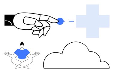Robot el dijital bir elemente uzanıyor, meditasyon yapan kişi, bulut ve sağlık sigortası haçı. Teknoloji, sağlık, yapay zeka, gelecekteki farkındalık sağlık dengesi için idealdir. Düz basit metafor