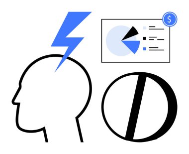 Fikirleri temsil eden yıldırımlı insan zihni, dairesel şema, finansal vurgulanmış veri analiz tahtası. Analiz, strateji, yenilik, yaratıcılık, içgörü, planlama için ideal basit