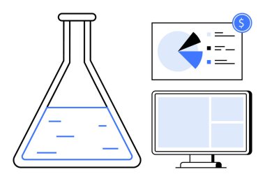 Pasta grafiği analizi ve bilgisayar ekranının yanında sıvı bulunan kimya şişesi. Teknoloji, bilim, iş, araştırma, yenilik, veri analizi ve eğitim için idealdir. Düz basit metafor