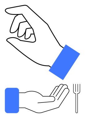 Yakınlarda bir çatal sembolü olan el hareketlerinde ana hatları çizilmiş eller. İletişim, paylaşım, kesinlik, yemek, eğitim, hayırseverlik, minimalizm için ideal. Kalın düz metafor