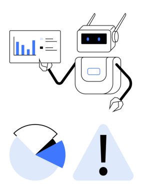 Robot tutuşu grafiği, pasta çizelgesi ve uyarı simgesi teknolojiyi, otomasyonu ve veri odaklı karar verme mekanizmasını birleştirir. Yapay zeka, analitik, yenilik ve ilerleme uyarı sistemleri için ideal