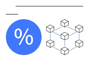 Faiz oranı sembolü mavi çemberde birbirine bağlı küp ağının yanında. Finans, kripto para birimi, ademi merkeziyet, ağ oluşturma, matematik, dijital ekonomi, soyut düz çizgi