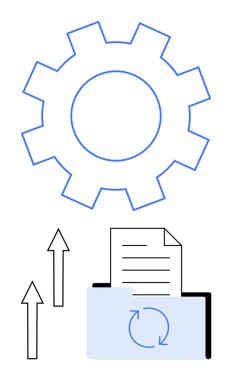 Dizin üzerinde simge eşgüdümlü belge tutan dişliler, ilerlemeyi gösteren oklar. Veri yönetimi, teknik süreç, otomasyon, iş akışı, verimlilik, senkronizasyon yeniliği için ideal. Düz basit