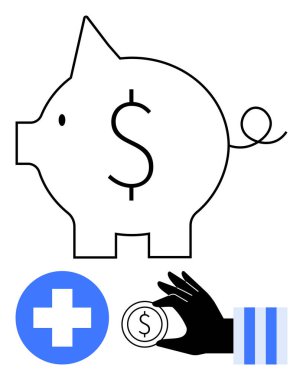 Dolar işaretli domuz kumbarası, sağlık hizmeti için mavi haç ve el ele tutuşan bozuk para. Tasarruf, bütçe, yatırım, sağlık hizmeti finansmanı, maliyet yönetimi, apartman dairesi metaforu için ideal