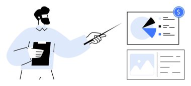 Pano tutan ve pasta grafiği ve finansal ikon da dahil olmak üzere veri tablolarına bakan adam. İş analizi, mali genel değerlendirme, pazarlama, strateji planlaması, veri görselleştirmesi, eğitim için ideal