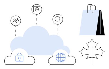 Alışveriş torbası ve akçaağaç yaprağı ile kullanıcı, medya, güvenlik ve küresel ağı birbirine bağlayan simgeler. Veri depolama, erişim, çevrimiçi alışveriş, bağlantı güvenliği küresel teknoloji için ideal