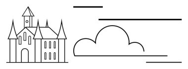 Sivri kuleli kale hatları, kabarık bulutlar ve doğrusal aksanlar. Tarih, fantezi, mimari tasarım, hikaye anlatma, eğitim sanatı markalaşması için idealdir. Düz basit metafor
