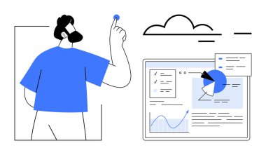 Veri görselleştirmesi, grafikler ve analitik ekran ile bir bulut altında etkileşim içinde olan bir adam. Teknoloji, veri yönetimi, bulut hesaplama, iş analizleri, yenilik, üretkenlik için ideal basit