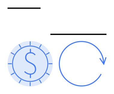 Para dolaşımı, ödeme sistemleri ve tekrarlanan eylemler hakkında fikir aktaran bir okun yanında dolar işareti olan mavi sikke. Finans, teknoloji, otomasyon, tasarruf ve ekonomik büyüme için ideal