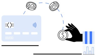 NFC kartına para aktarıyorum. Para hareketi oklarla temsil ediliyor. Bar tablosu istatistikleri vurgular. Finans, ödeme, bankacılık, analitik, ekonomi yatırım bütçesi için ideal. Düz