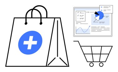 Tıbbi haçlı alışveriş torbası, web analiz paneli ve el arabası online alışveriş, sağlık hizmeti, veri görselleştirmesini özetliyor. E-ticaret, analitik, perakende analizi ve sağlık hizmetleri için ideal