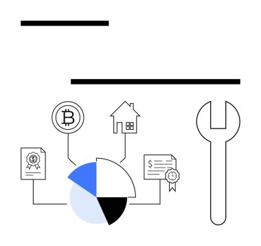 Ev ve Bitcoin 'e bağlı turta şeması, yatırım yönetimini vurgulayan belgeler. Finans, kripto para, gayrimenkul, sözleşmeler, veri analizi, iş planlama metaforu için ideal