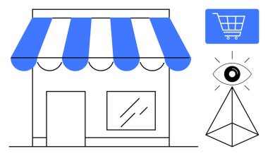 Penceresi, kapısı, tentesi, e-ticaret arabası ikonu, piramidin üzerinde gözü olan mavi ve beyaz bir dükkan. Çevrimiçi alışveriş, tuğla ve harç, tüketici eğilimleri, pazarlama mağazaları hibrit perakendeciler için ideal