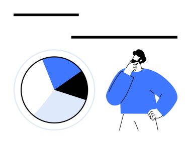 Mavi kazaklı kişi pasta grafiği verilerini analiz ediyor, içgörü ve sonuçları inceliyor. Analiz, karar verme, istatistik, planlama, büyüme ve araştırma eğitimi için ideal. Düz basit metafor