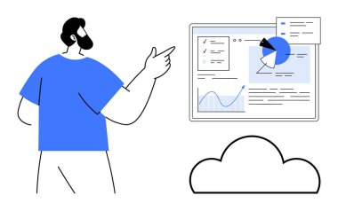 Verileri gösteren adam grafikler, raporlar, bulut deposu. Veri analizi için ideal, çevrimiçi işbirliği, proje yönetimi, iş akışı, teknik çözümler, eğitim görselleri basit iniş sayfaları