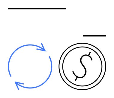 Siyah doların yanındaki mavi yuvarlak oklar finansal işlemleri, geri dönüşümü veya yatırım sürecini sembolize ediyor. Finans, ticaret, ekonomi, sürdürülebilirlik, ticaret, yatırım için ideal